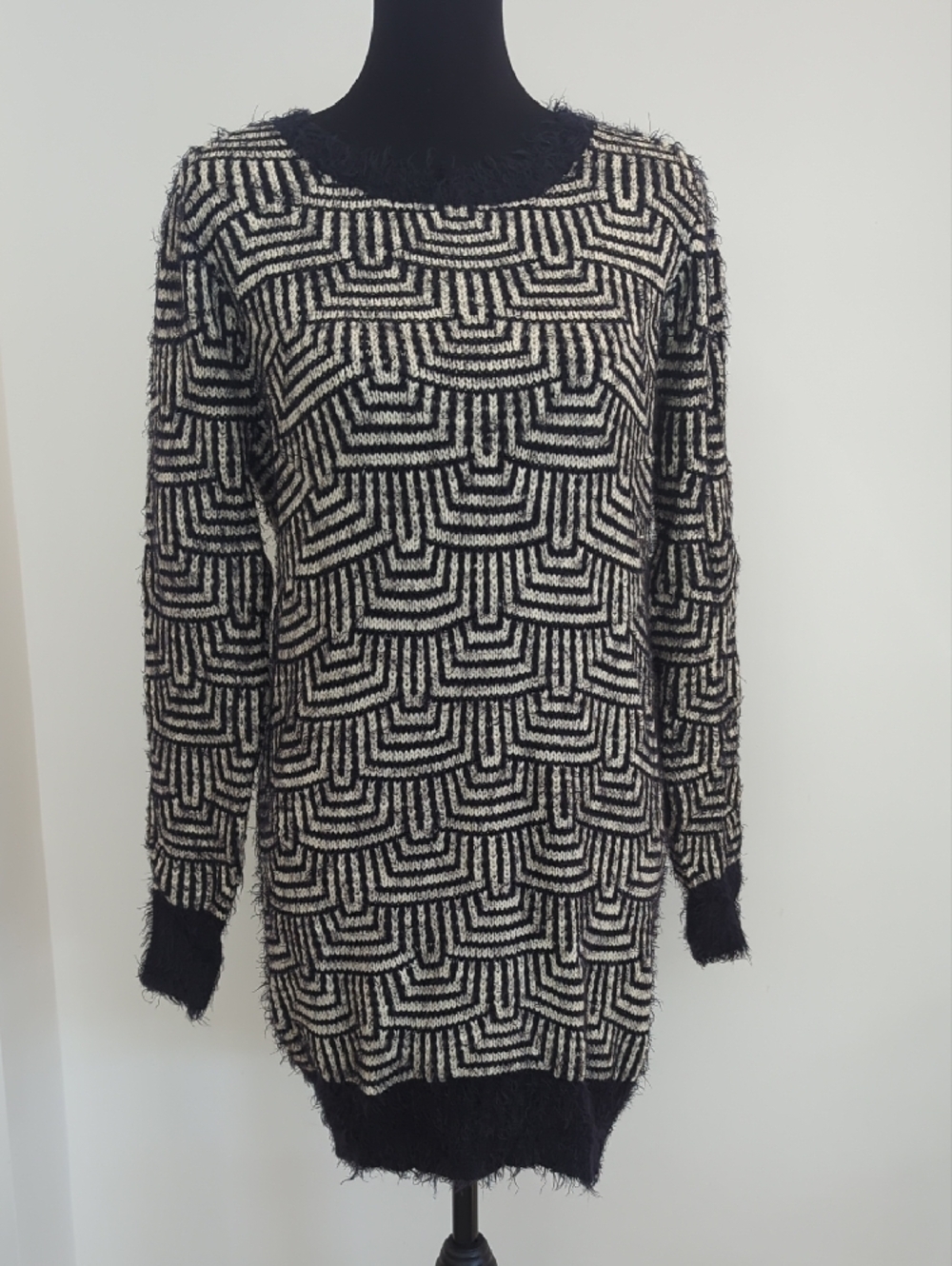 Katsumi Black Bone Art Deco Fan Geometric Fuzzy Eyelash Knit Sweater Dress MED